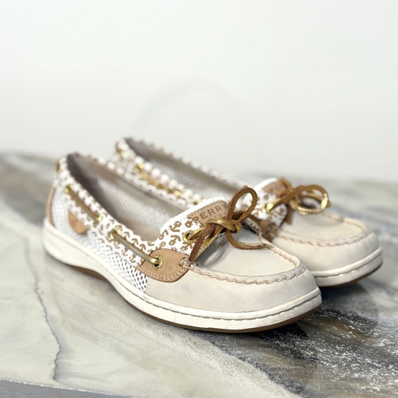 SPERRY Angelfish Boat Shoe Leather Slip-On Preppy Anchor Pattern Cream Gold Sz 7 - Picture 1 of 10